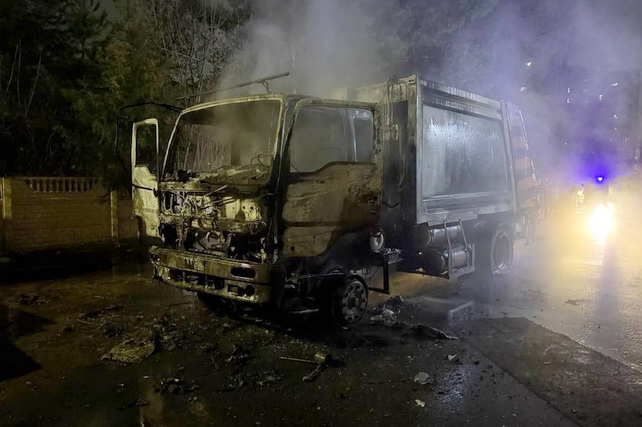 Garbage Truck Catches Fire in Tashkent, Damaging Parked Car