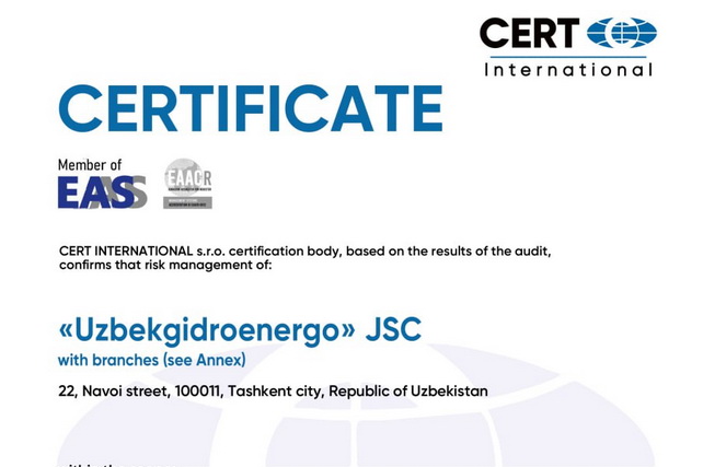 АО «Узбекгидроэнерго» впервые внедрило стандарты риск-менеджмента ISO 31000:2018 в управленческую практику
